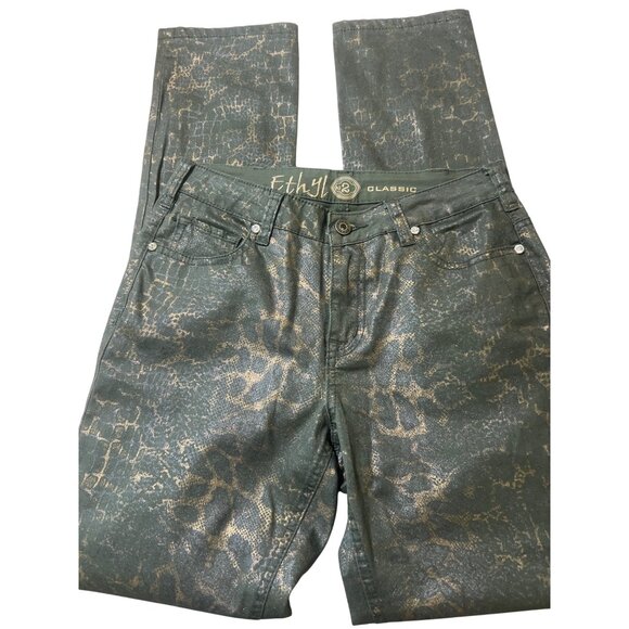 Ethyl Classic Jeans Olive Green Metallic Snake Print Rhinestone Skinny Sz 2 NWOT - Picture 1 of 7
